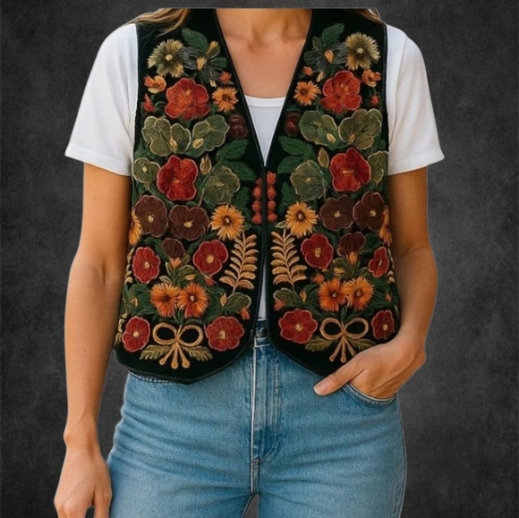 Vintage Embroidered Floral Vest - Picture 1 of 10